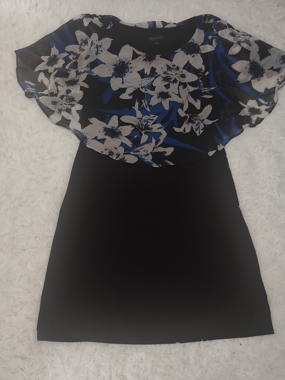 Connected Apparel Black Midi Dress with Blue & White Floral Overlay